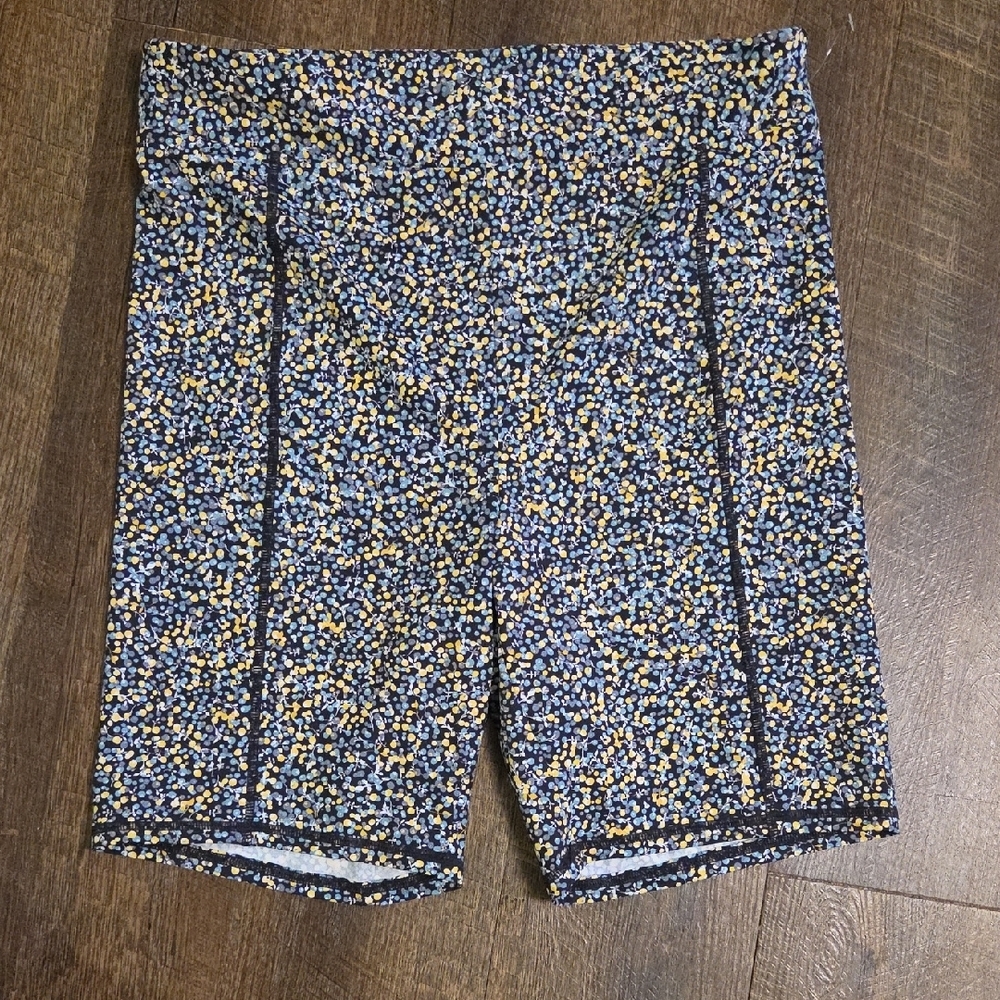 Womens  Navy Floral Print Athletic Shorts with Yellow Accents